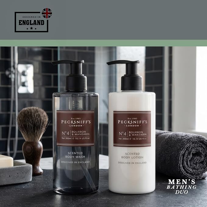 Pecksniffs Mens Bathing Duo Collection – Bourbon & Mandarin Scented Body Wash and Body Lotion Gift Set, 2 x 250ml
