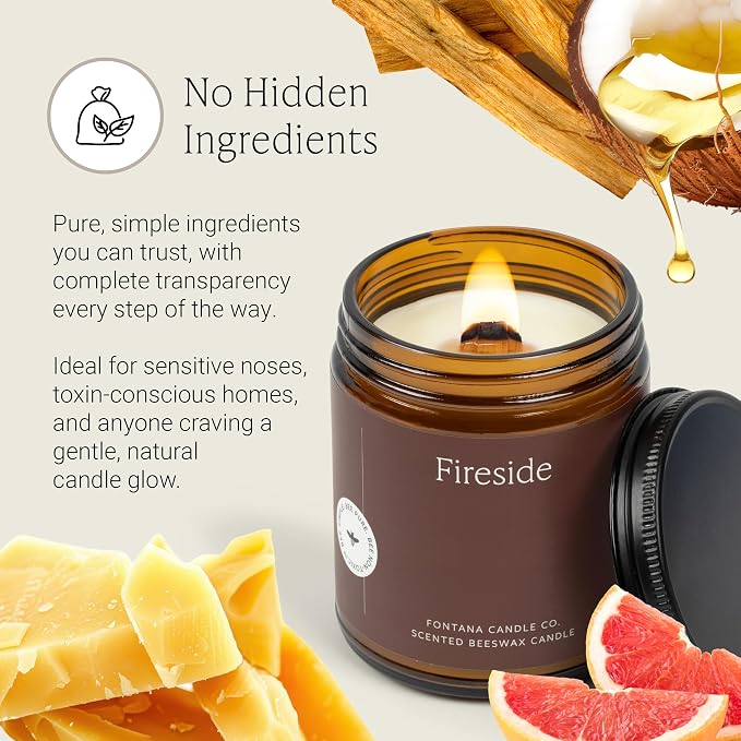 Fontana Candle Co Wood Wick Beeswax Jar Candles, Fireside - Made with Coconut Oil & Pure Essential Oils – Clean Burn, Long Lasting and Non-Toxic Candles for Home & Room Decor