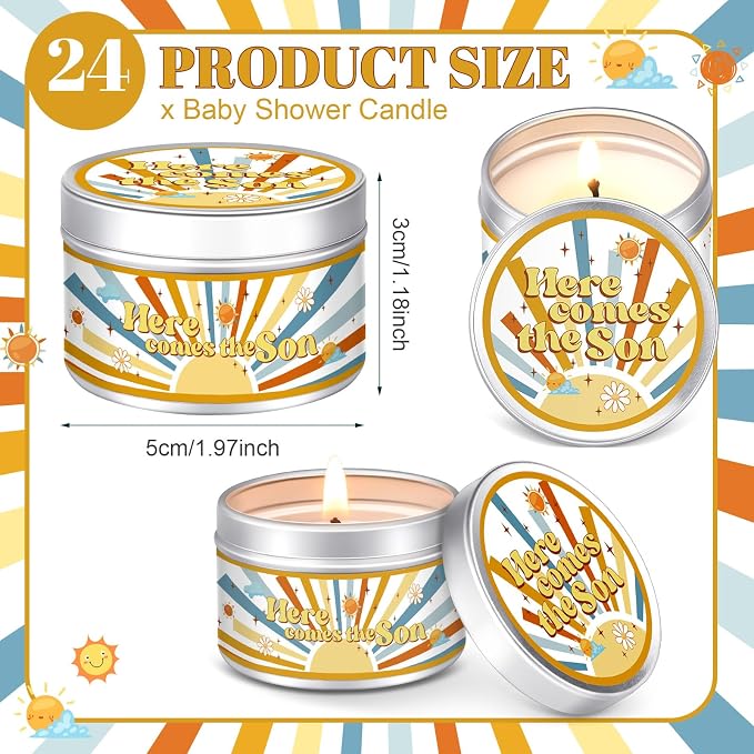 MTLEE 24 Pcs Here Comes The Son Baby Shower Party Favors Candles Lavender Scented Baby Shower Favors for Guests Rustic Tealights Candles Gender Reveal Return Gifts (1.2 oz, Yellow)
