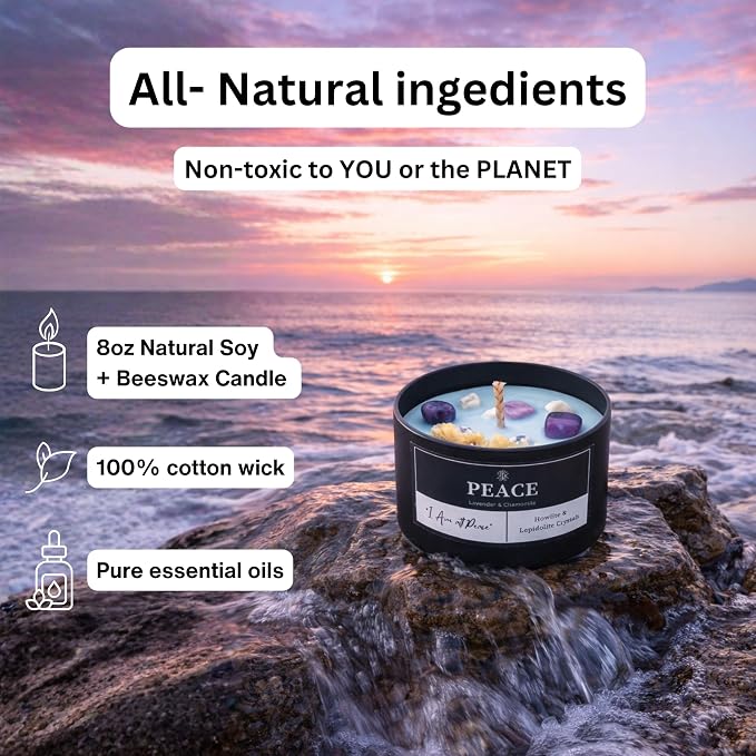 Peace Crystal Candle for Meditation and Room Decor, 8oz, Infused with Howlite & Lepidolite Crystals, Lavender & Chamomile Essential Oil Scented Candles, Non Toxic Soy Wax Blend for Stress Relief