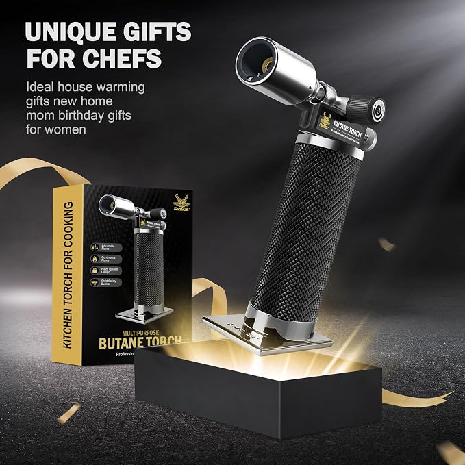RAVS Butane Torch Lighter, Premium Metal Kitchen Torch with Adjustable Flame & Safety Buckle, Refillable Creme Brulee Torch for Baking, BBQ, DIY, Resin Art, Black, Butane Gas Not Included