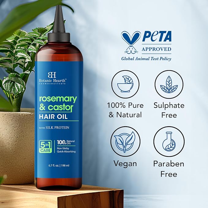 Botanic Hearth 100% Pure Rosemary Castor Oil For Hair Growth & Hair Treatment Oils 6.7 Fl Oz | Infused with coconut Oil | Hair Oil Repairs Dry Damaged Hair, Strengthening, Healthier | All Hair Types