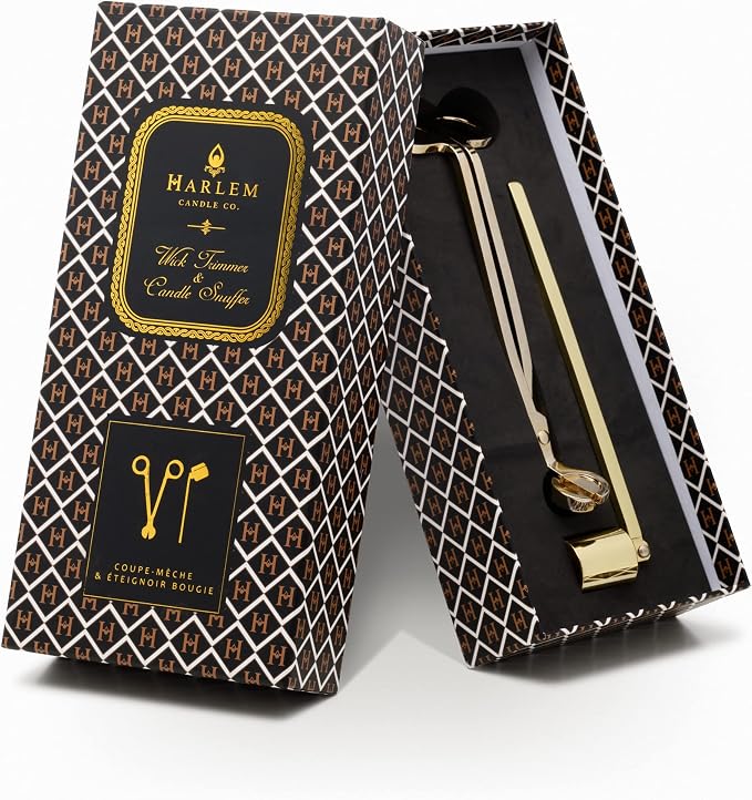 HARLEM CANDLE CO. Luxury Snuffer/Trimmer Set of 2, Candle Snuffer Extinguisher and Candle Wick Trimmer Cutter, Stainless Steel with Gold Finish, Gift Box Packaging