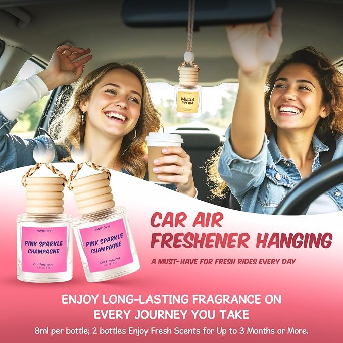 Premium Car Air Freshener Diffuser Set (2 Pack) - Pink Sparkle Champagne Fragrance Oil, 45+ Day Long-Lasting Hanging Auto Freshener