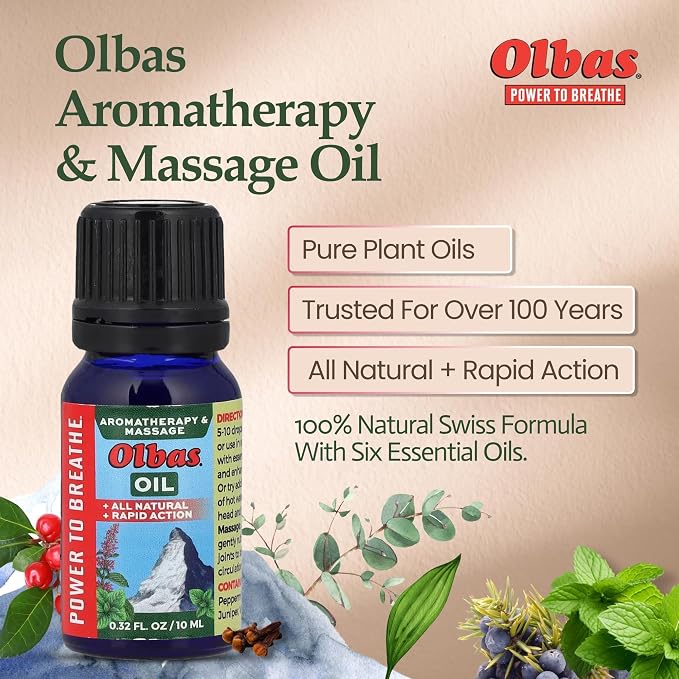 Olbas Massage and Aromatherapy Inhalant Oil Pack of 2 (0.32 Fl Oz), Body Massage Oil, Swiss Herbal Remedies with Pure Essential Massage Oils for Muscle Relaxing and Soothing Comfort for Pain Relief