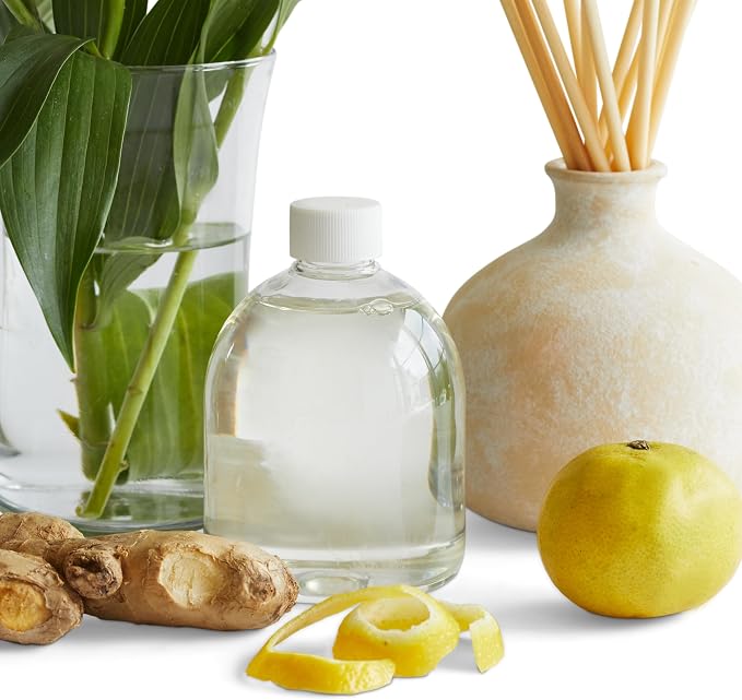 Blueme Happiness Wellness Diffuser Oil Refill | Yuzu & Ginger | 16.91 Fl Oz - Refillable Diffuser, Essential Oils, Ceramic, Rattan Reeds | Large