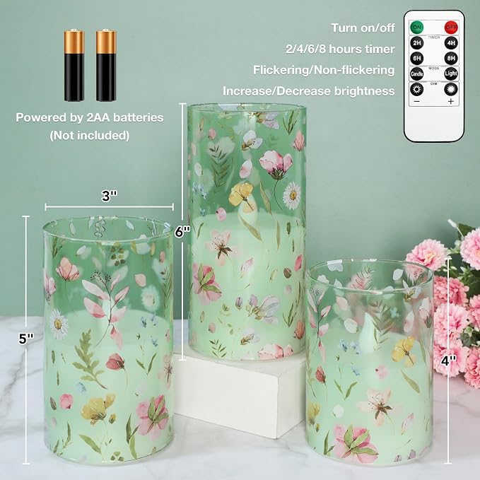Flameless Candles with Remote Timer, Glass Battery Operated LED Candles, Green Floral Design, Cylindrical Shape, Set of 3 for Home Party Wedding Decor
