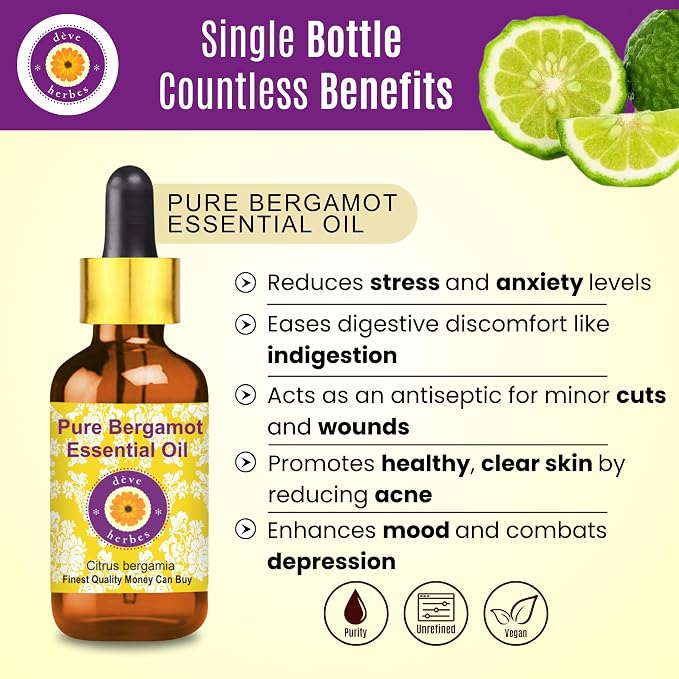 Deve Herbes Pure Bergamot Essential Oil (Citrus bergamia) with Glass Dropper Natural Therapeutic Grade Steam Distilled 50ml (1.69 oz)