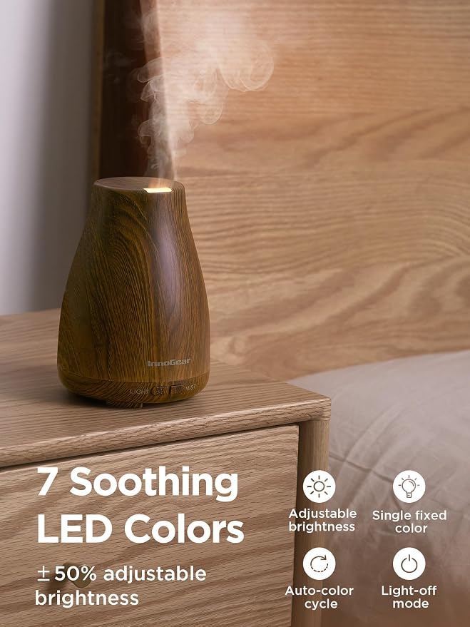 InnoGear Essential Oil Diffuser, Ultrasonic Diffusers for Home Aromatherapy Humidifier for Bedroom Room 7 Colors LED 2 Mist Mode Auto Off, Bronze