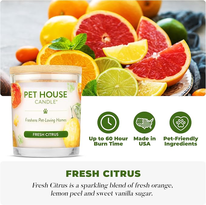 One Fur All Pet House Candle 2 Pack - Plant-Based/Soy - Clean Burning Scented, Long Lasting Pet Odor Candle for Home - Fresh Citrus, Lavender Green Tea