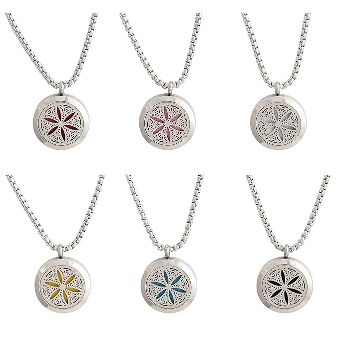 Wild Essentials Flower of Life Essential Oil Diffuser Necklace, Stainless Steel Locket Pendant with 24 inch Chain, 12 Color Refill Pads, Customizable Color Changing Perfume Jewelry for Aromatherapy