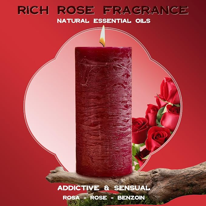 Romantic Rose Scented Pillar Candle - 2.8x6 Inch, 75-Hour Burn, Textured Red Rose Scented Candle for Women, Natural Aromatherapy Candle for Home, Gifts for Women, Valentine's & Romantic Decor