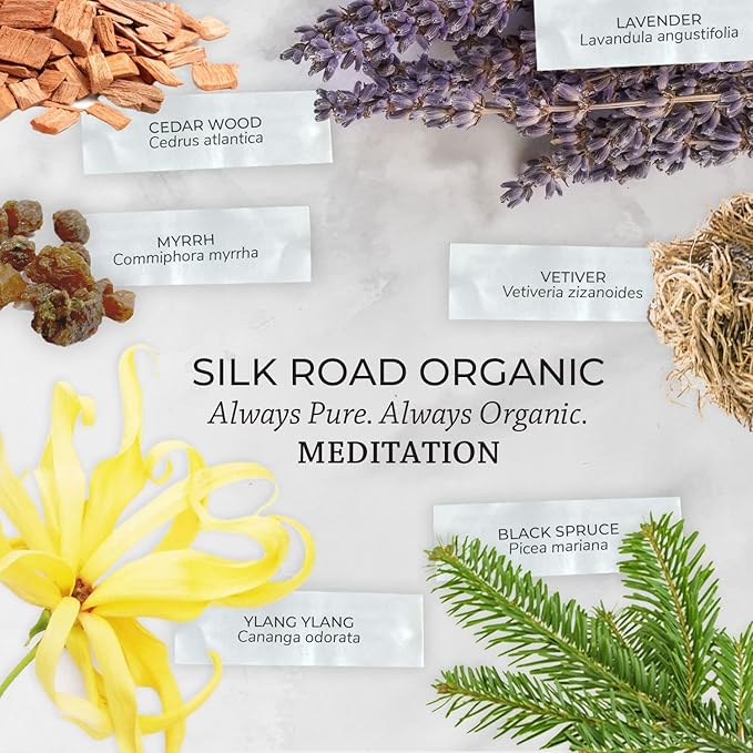 Silk Road Organic Meditation Essential Oil Balancing Blend Roll On,100% Pure USDA Certified Aromatherapy for Chakra Healing, Focus, Calming, Mindfulness & Spiritual Well-Being - 10ml Roller