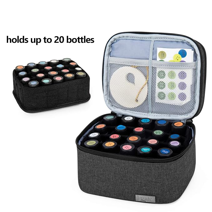 LUXJA Essential Oils Bag - Holds 20 Bottles (5ml-30ml, Also Fits for Roller Bottles), Double-Layer Organizer for Essential Oil and Accessories, Black