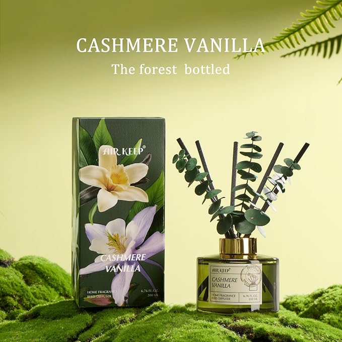 Airkeep Reed Diffuser Set with 6.76 fl oz Cashmere Vanilla Scent Essential Oils and 3 Leaves & 8 Diffuser Sticks,Bathroom Shelf Decor & Air Freshener, House Bedroom Office Decor & Gifts