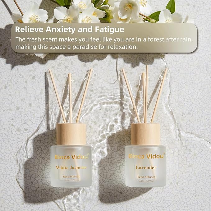Reed Diffuser Set, Binca Vidou Lavender & White Jasmine Natural Scent Oil Diffusers with Sticks for Home Office Bathroom Aromatherapy Decor 1.69oz x 2