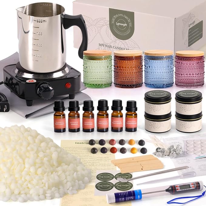 LAMORGIFT Soy Candle Making Kit with Wax Melter for Adults- Natural Soy Wax with Candle Making Supplies, 4 Jars& 4 Tins, Wax Melting Pot and More, Colored Scented Candle DIY Kit for Christmas Gift Set
