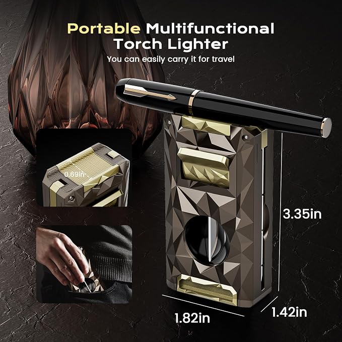 All-in-one Butane Torch Lighter with Cutter, Punch, Holder, Draw Enhancer Tool, and Triple Windproof Flame, Refillable Butane Lighters with Gift Box for Men, Cool Lighters for Outdoor, Candle
