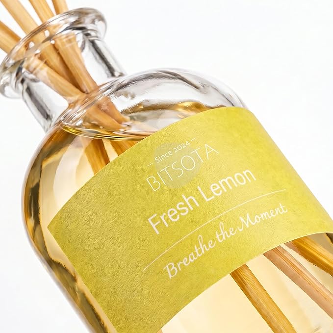 Natural Reed Diffuser Set, Fresh Lemon 3.52 oz (100ml) Scented Diffuser with Sticks Home Fragrance Reed Diffuser for Bathroom Shelf Decor, Ideal Gift for Woman