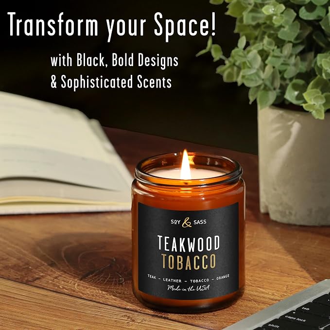 Teakwood & Tobacco Candle I Scented Black Candles for Men or Women - Teakwood, Tobacco & Orange Soy Wax Mens Candle - Infused w/Essential Oils | Long-Lasting 50Hr Burn, 9oz I Non Toxic I Made in USA