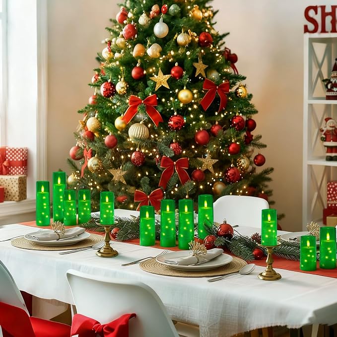 Raycare St. Patrick's Day Flameless Candle with Remote Timer – 5 Flickering Acrylic Battery Operated LED Pillar Candles with Embedded Star String for Christmas, Home Decor, and as a Gift(Green)