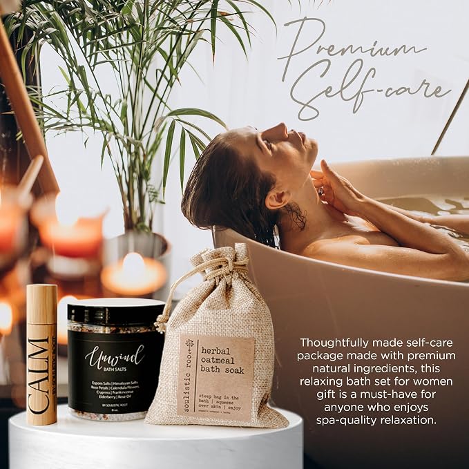 SOULISTIC ROOT Revitalizing Bath Gift - Premium Self-Care Bath & Body Set with Lavender Oatmeal Soak, Tranquil Essential Oil Roller, Epsom Salt Soak, Home Spa Kit, Ready-to-Gift Box