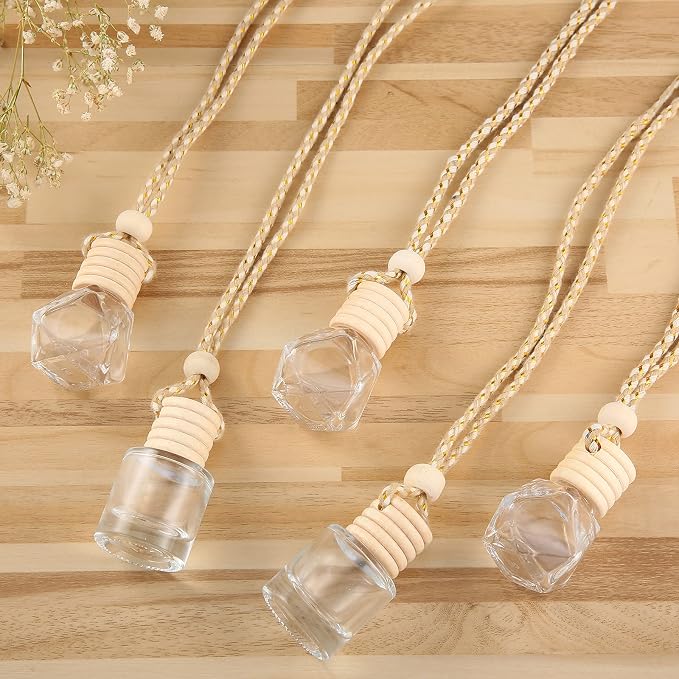 Patelai 12 Pcs 8ml Hanging Car Air Freshener Diffuser Bottle Empty Clear Glass Essential Perfume Oil Aromatherapy Fragrance Perfume Pendant Glass Bottle Decor with Wooden Caps(Classic Style)