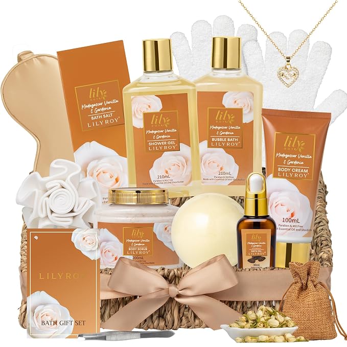 Gifts for Women, Birthday Gift - Vanilla Spa Gift Basket for Women, Mothers Day Gift Basket for Mom, Bath and Body Gift Basket Set, Spa Kit | Gifts for Christmas, Valentines Day Gift Sets for Her
