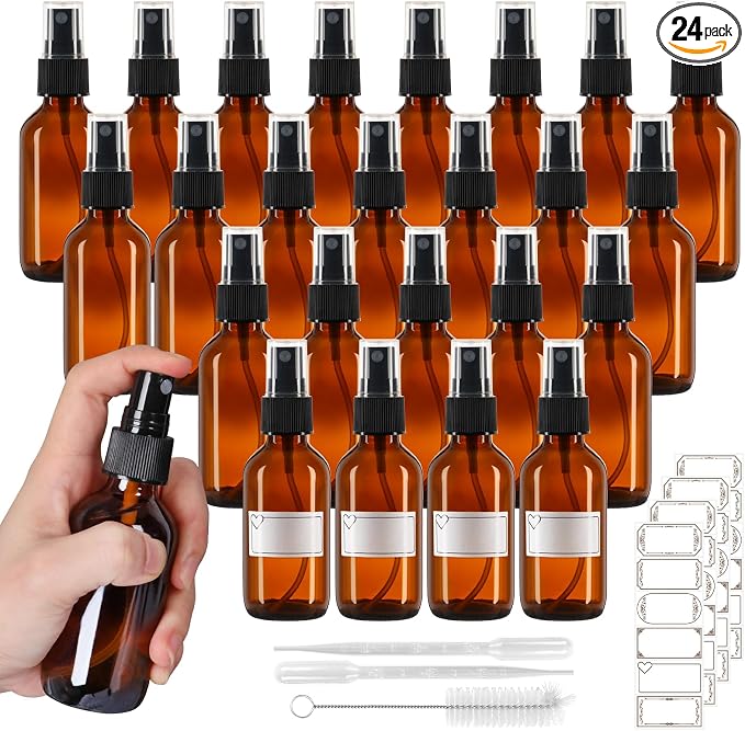 2 oz Glass Spray Bottles 24 Pack, Amber Leakproof with Concentrated Fine Mist Sprayer, Durable Refillable Containers for Perfumes, Pet Spray, Essential Oils, Face Mist - Great Value Set, Travel Size