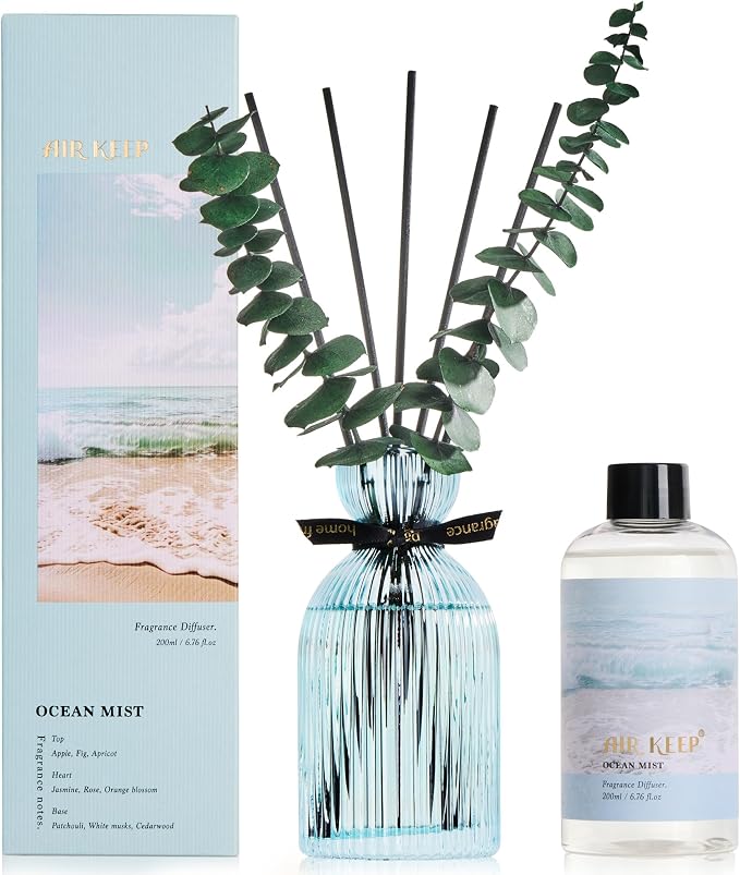 Airkeep Reed Diffuser Set 6.76 oz – Ocean Mist Decorative Home Fragrance with Eucalyptus Sticks, Ribbed Glass Diffuser for Bathroom & Bedroom Décor, Gift Ready