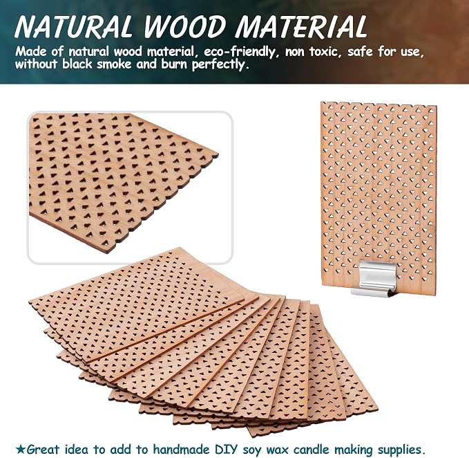 10 Set Wood Candle Wick Grid Design Large Wooden Wick 1.6x2.4inch / 40x60mm (Width*Height), Natural Crackling Wood Wick Core with Iron Stands for Soy Candle Making Handmade Candles Supplies