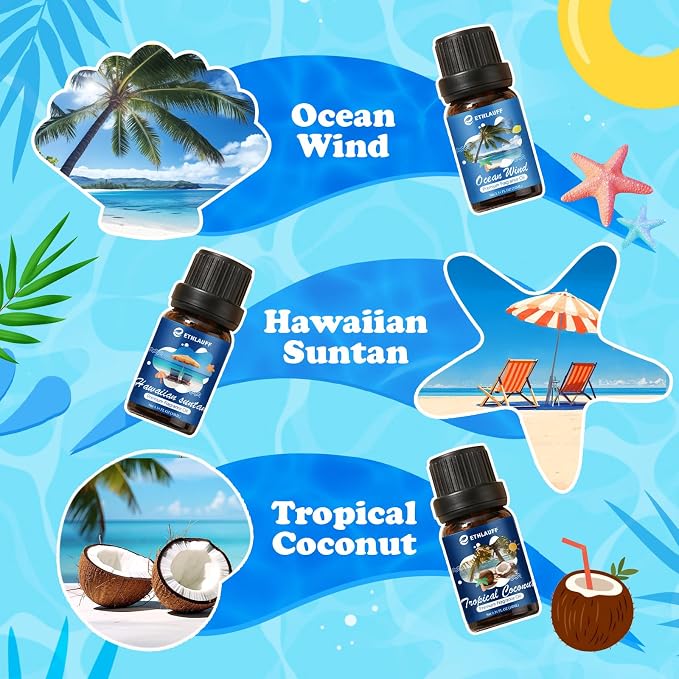 Summer Essential Oils for Diffuser - Ocean Wind, Tropical Coconut, Seashore Stroll, Hawaiian Suntan, Jamaica Crazy, Watermelon Splashing, Tropical Scented Oil for Home, Candle Making