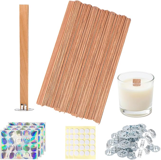 100 Pcs Cherry Wood Candle Wicks - Long-Lasting Flame, Stand & Glue Dot, DIY Candle Making Kit (Warning Label Included)