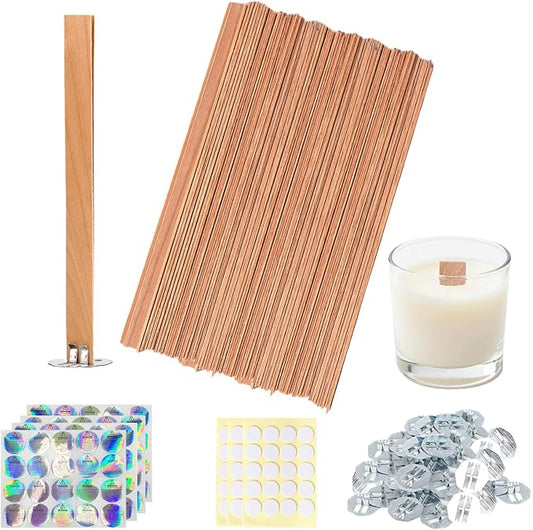 100 Pcs Cherry Wood Candle Wicks - Long-Lasting Flame, Stand & Glue Dot, DIY Candle Making Kit (Warning Label Included)
