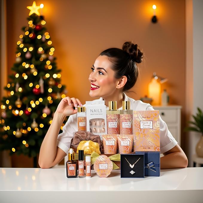 Spa Gift Basket for Women, 16 Pcs Coconut Vanilla Bath and Body Gift Basket Set Face Skin Care Kit Christmas, Valentines Day Gift for Mom, Birthday Gifts for Her, Wife, Mom Makeup Storage