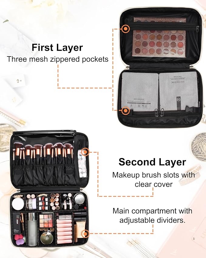 Relavel Makeup Bag Travel Train Case for Women and Girls, Cute Cosmetic Storage Organizer Box Portable Shoulder Bag with Adjustable Dividers and Makeup Brush Comparment, Floral Print