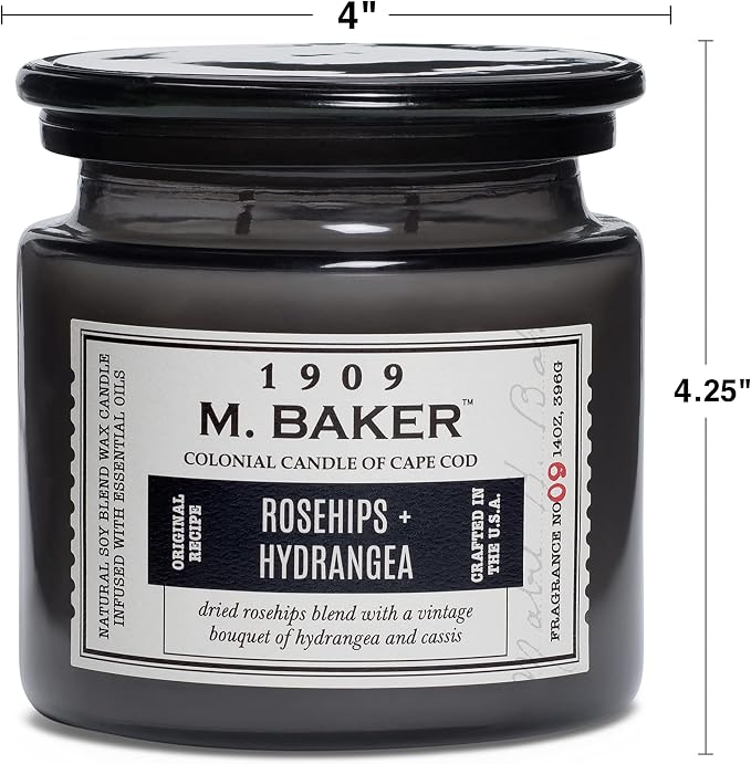 Colonial Candle Rosehips Hydrangea Scented Jar Candle | 2-Wick Natural Soy Blend Wax Candle for Home | Relaxing Aromatherapy Candle Infused with Essential Oils | M. Baker Apothecary Glass Jar Candle