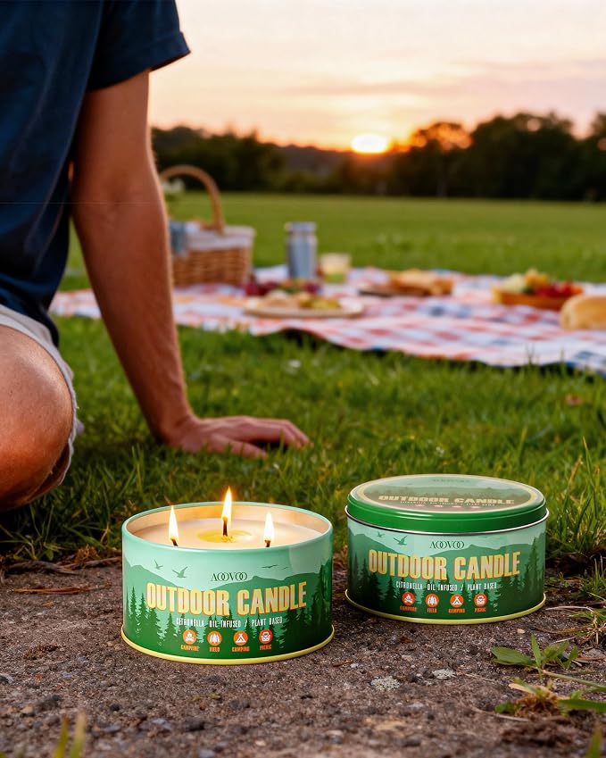 AOOVOO 2 Pack Citronella Candles Outdoor - 3 Wick 24oz Large Camping Candle, Natural Essential Oil Soy Wax Non Toxic, Strong Scented Candles for Outside Backyard Garden Picnic