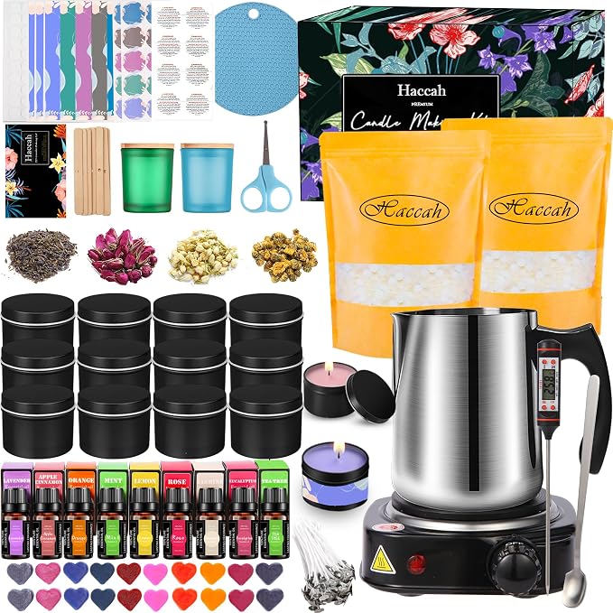Haccah Candle Making Kit with Wax Melter, DIY Arts&Crafts Gift for Adults,Beginners,Candle Making Supplies,Including Electronic Stove,Rich Scents,Wicks,Melting Pot,Dyes,Candle tins