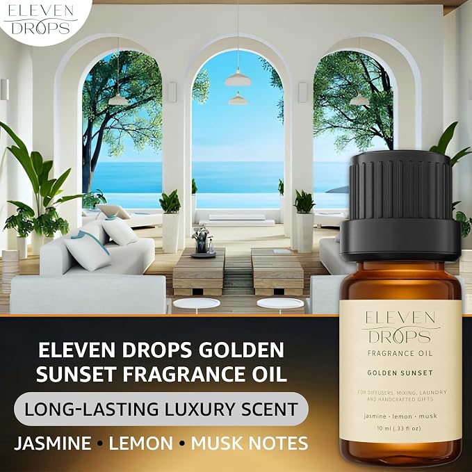 Golden Sunset Fragrance Oil | Jasmine, Lemon & Musk Notes | Long Lasting Scent Reed Diffuser Oil for Home, Office, Hotel, Spa, Car & Linen Spray | Pet Friendly IFRA Compliant, 10 ml