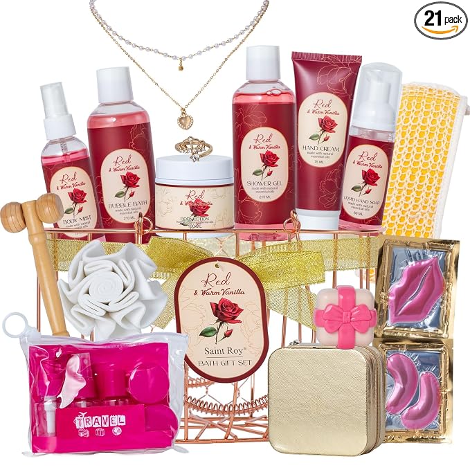 Mothers Day Gifts for Women, 23Pcs Bath and Body Gift for Women, Vanilla Rose Spa Gift Basket, Bath Gift, Spa Gift Kit, Home Spa Self Care, Necklace, Birthday, Christmas, Bridal Shower, Anniversary