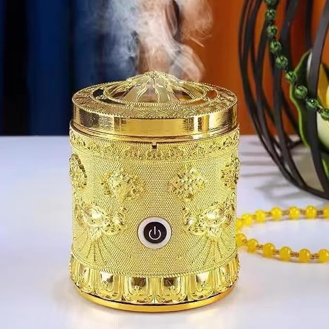 Electric Incense Burner Portable Vintage Electric Bakhoor Burner USB Rechargeable Golden Aromatherapy Diffuser for Car Home Office Yoga Tabletop 3x3.9 inch