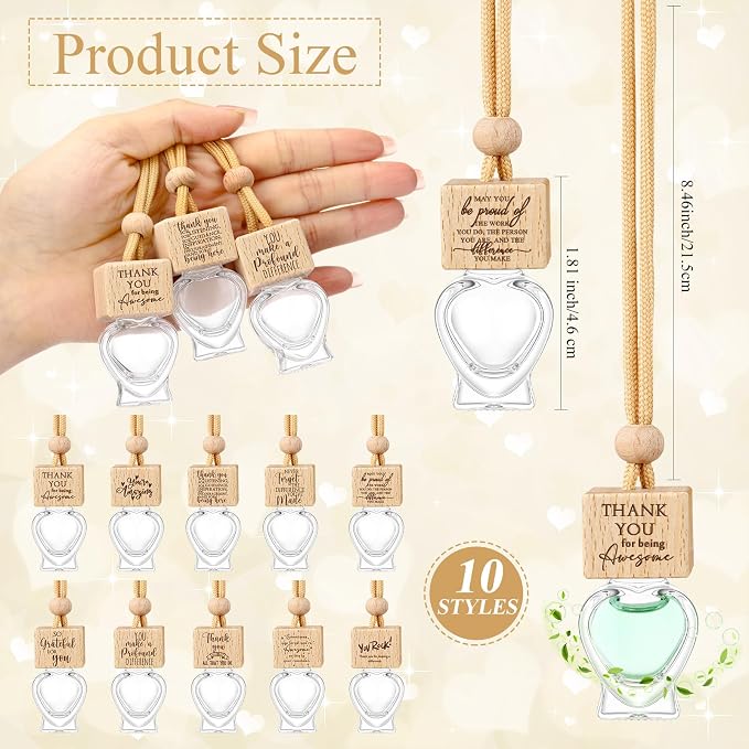 Funnymoom 30 Pcs Car Diffuser Air Freshener Gift Bulk Ornament Hanging Empty Glass Essential Oil Bottle Employee Appreciation Coworkers Volunteer Staff Thank You Gifts (Heart)