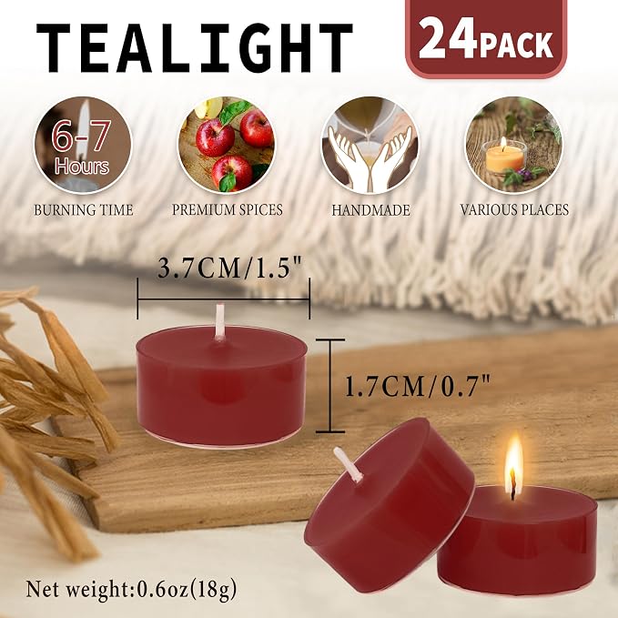Apple Scented Tealight Candles, Red Scent Tea Lights Candles Clear Cup, 24 Pack Colored Tealights Candle, 6 Hour Burn Time Tea Candles for Party, Christmas, Halloween Decor