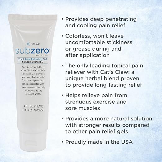 Sub Zero Cooling Pain Relief Gel, 4oz Tube - Joint Relief and Nerve Pain Relief Cream for Muscle Deep Pain Relief and Arthritis Relief