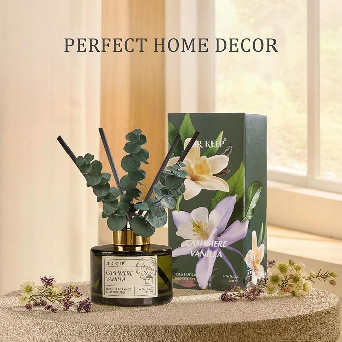 Airkeep Reed Diffuser Set with 6.76 fl oz Cashmere Vanilla Scent Essential Oils and 3 Leaves & 8 Diffuser Sticks,Bathroom Shelf Decor & Air Freshener, House Bedroom Office Decor & Gifts