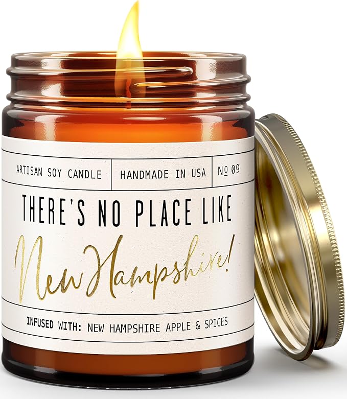 New Hampshire Gifts, New Hampshire Decor for Home - 'There's No Place Like New Hampshire Candle, w/McIntosh Apple & Spice I New Hampshire Souvenirs State Gifts I 9oz Jar, 50Hr Burn, USA Made