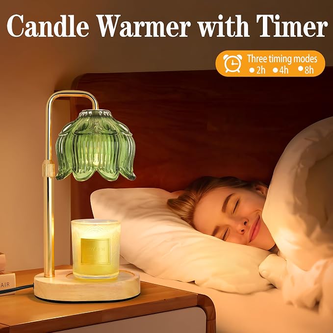 Candle Warmer Lamp with Timer Dimmer, Adjustable Height Candle Wax Warmer, Christmas Birthday Gift for Mom Women,House Warming Gifts for New Home Bedroom Decor,(Lotus Flower-Green)