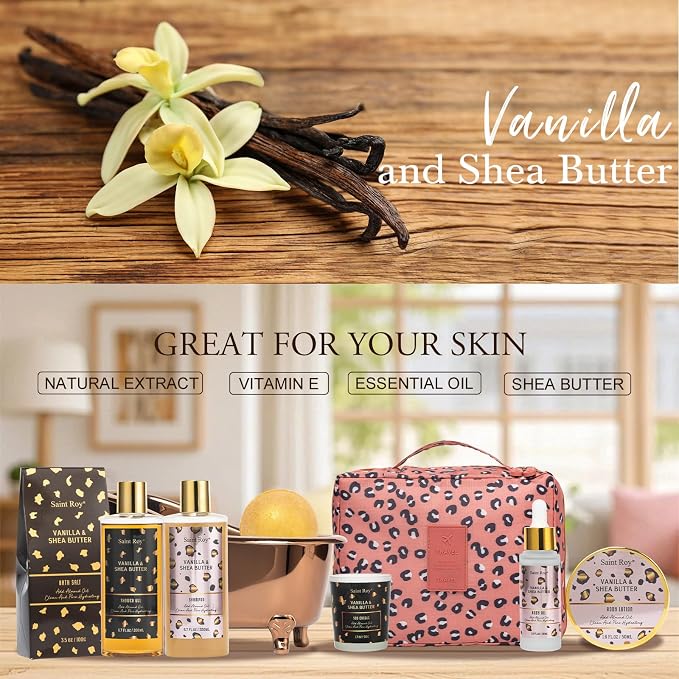 Warm Vanilla scented Gifts for Women, Spa Bath & Body Gift Basket, Skin Care Kit, Home Spa Gift Set, Self-Care Kit, Travel Multi-use toiletry bag, Birthday, Christmas, Mother Day, Anniversary Gifts