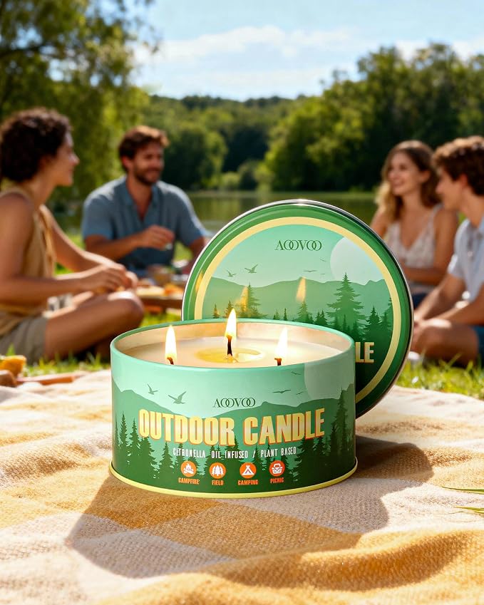 AOOVOO Citronella Candles Outdoor - 3 Wick 12oz Large Camping Candle, Natural Essential Oil Soy Wax Non Toxic, Strong Scented Candles for Outside Backyard Garden Picnic